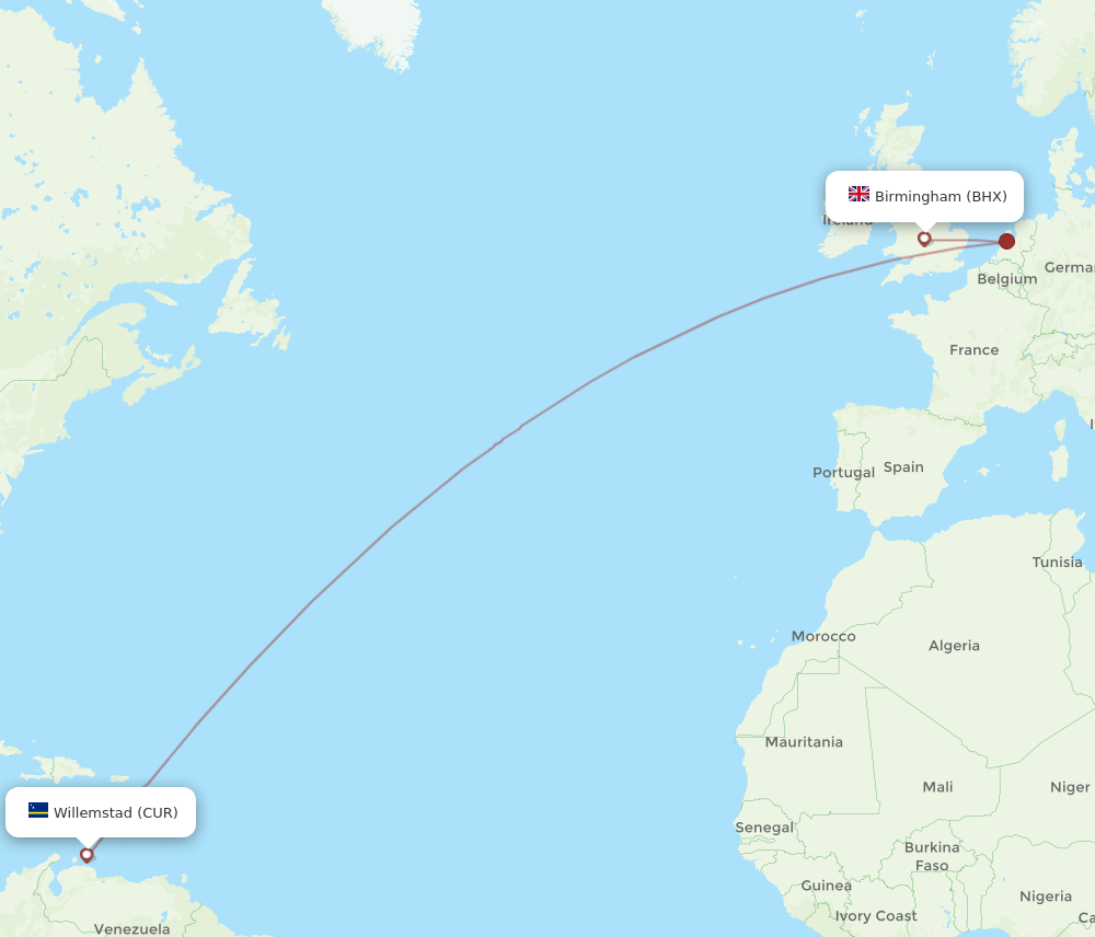CUR-BHX flight routes