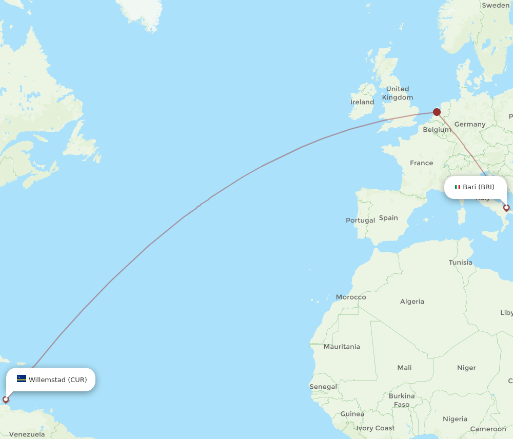 Bari - Curacao route map and flight paths