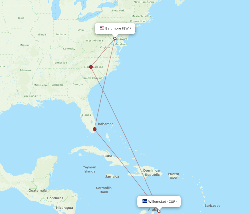 CUR-BWI flight routes
