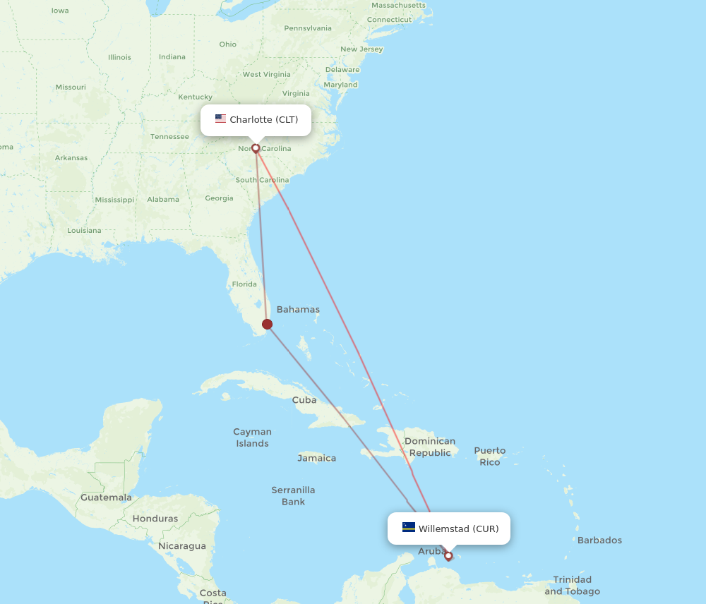 CUR to CLT flights and routes map
