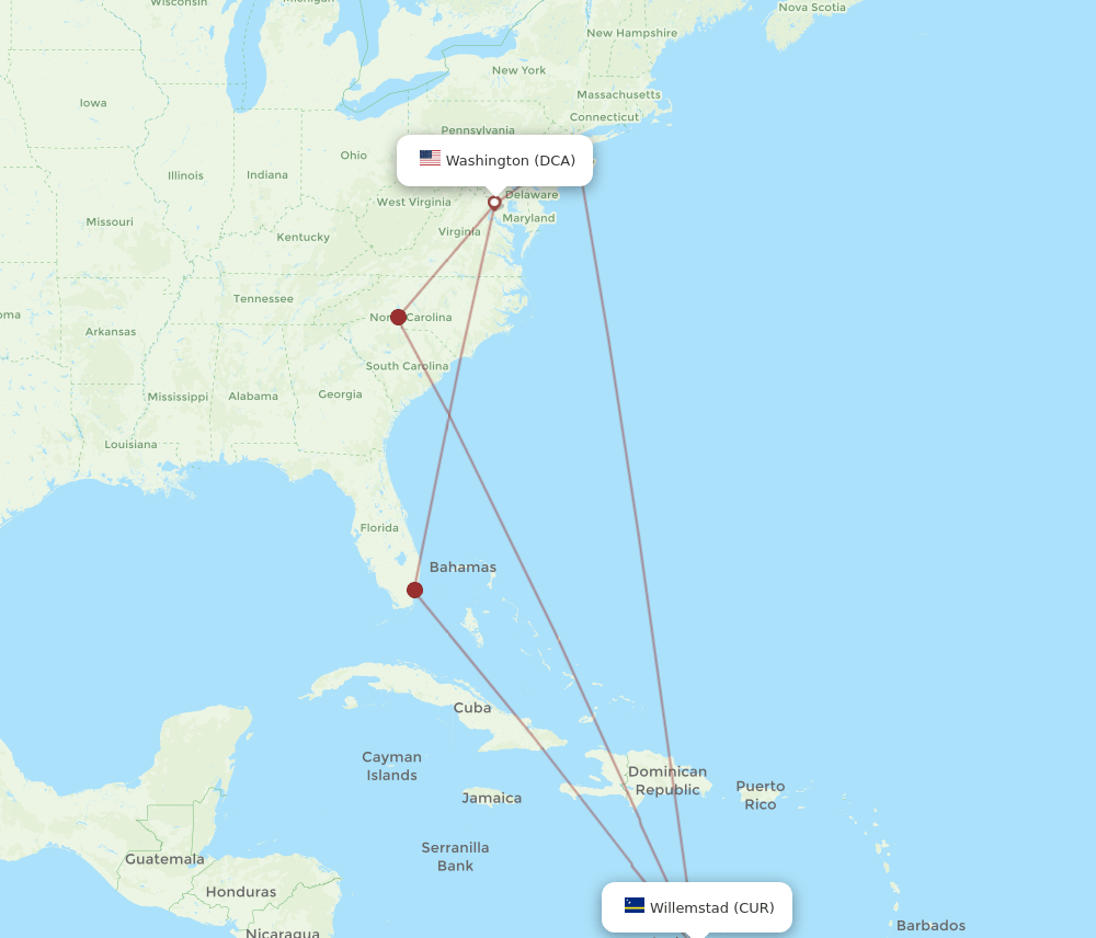 CUR-DCA flight routes