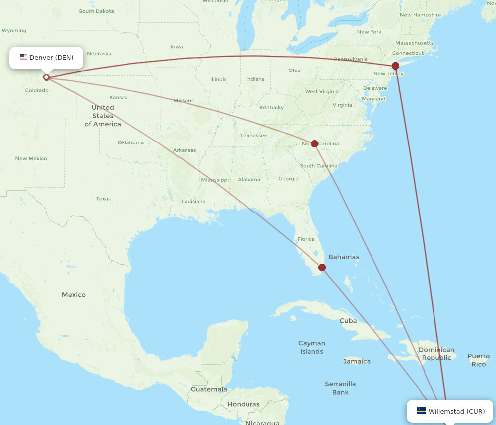 CUR to DEN flights and routes map