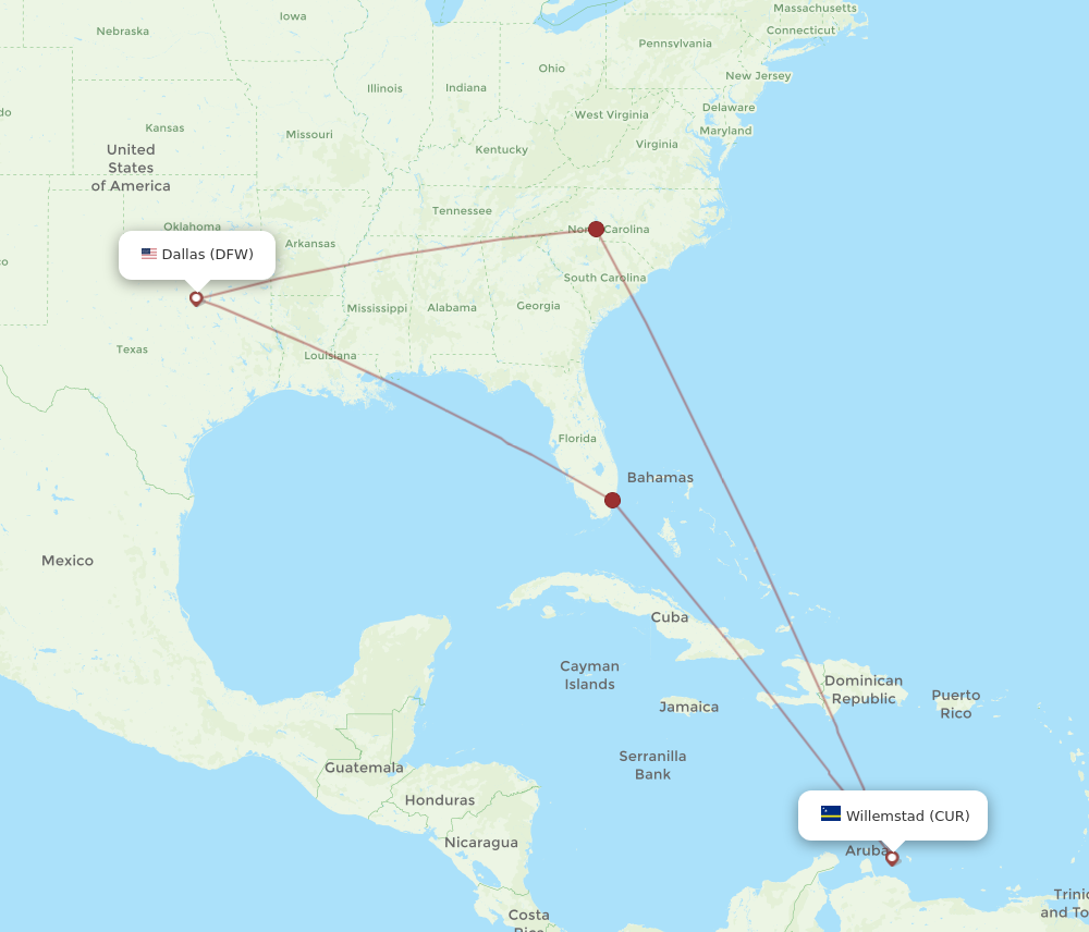 CUR to DFW flights and routes map