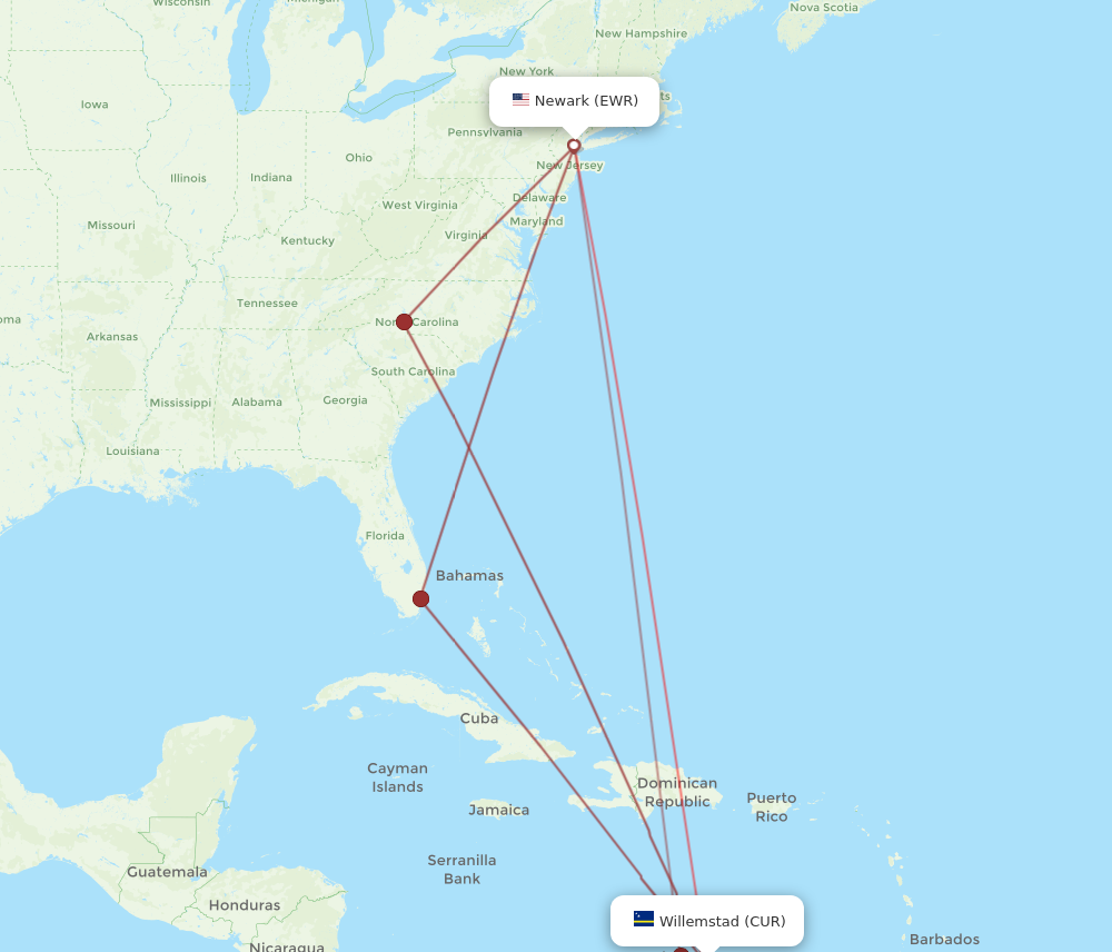 CUR to EWR flights and routes map