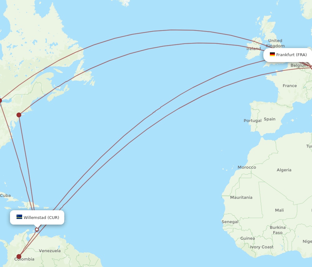 CUR to FRA flights and routes map