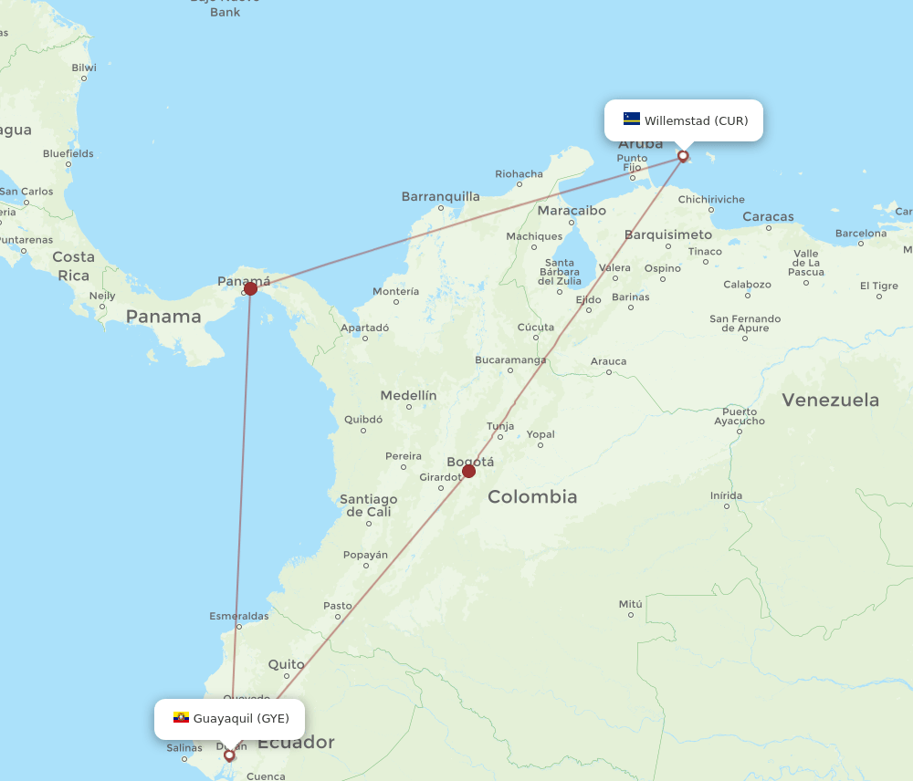 CUR to GYE flights and routes map