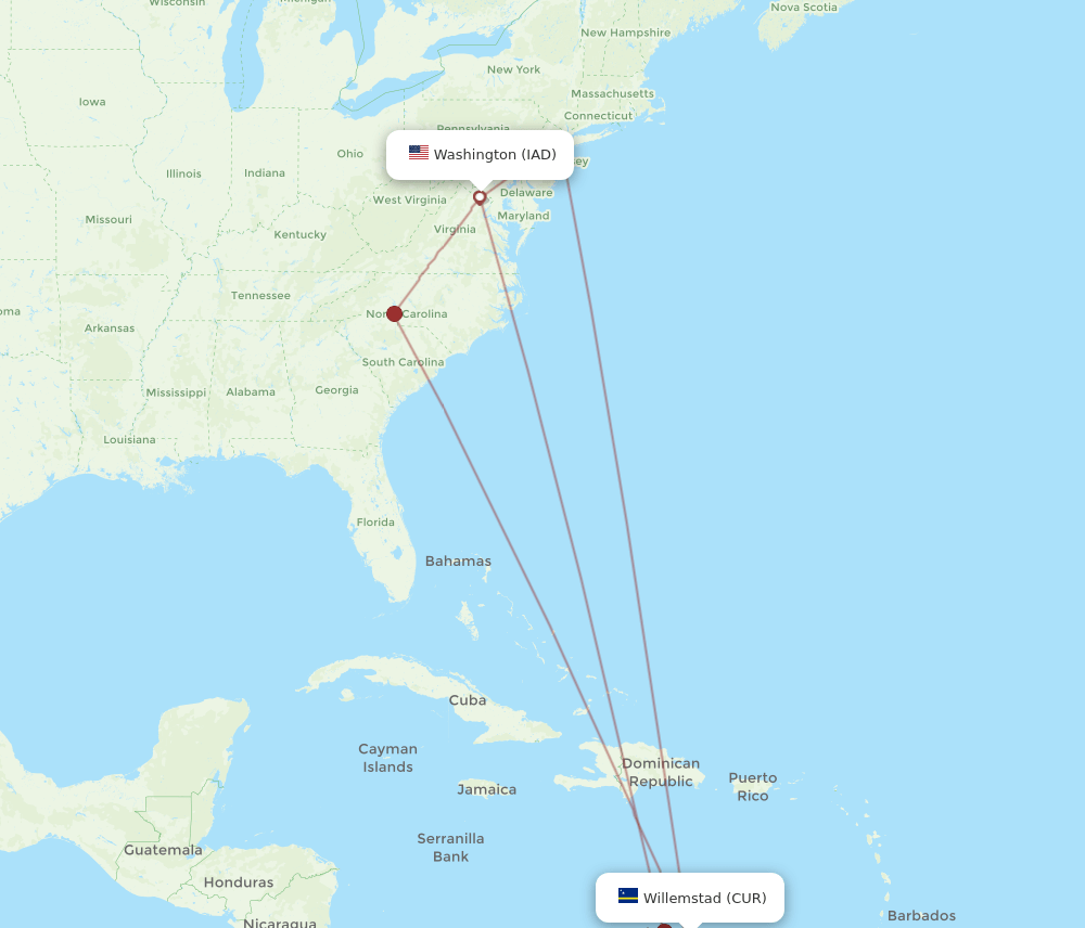 CUR-IAD flight routes