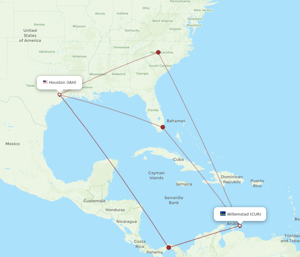 CUR to IAH flights and routes map