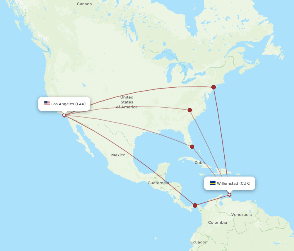 CUR to LAX flights and routes map
