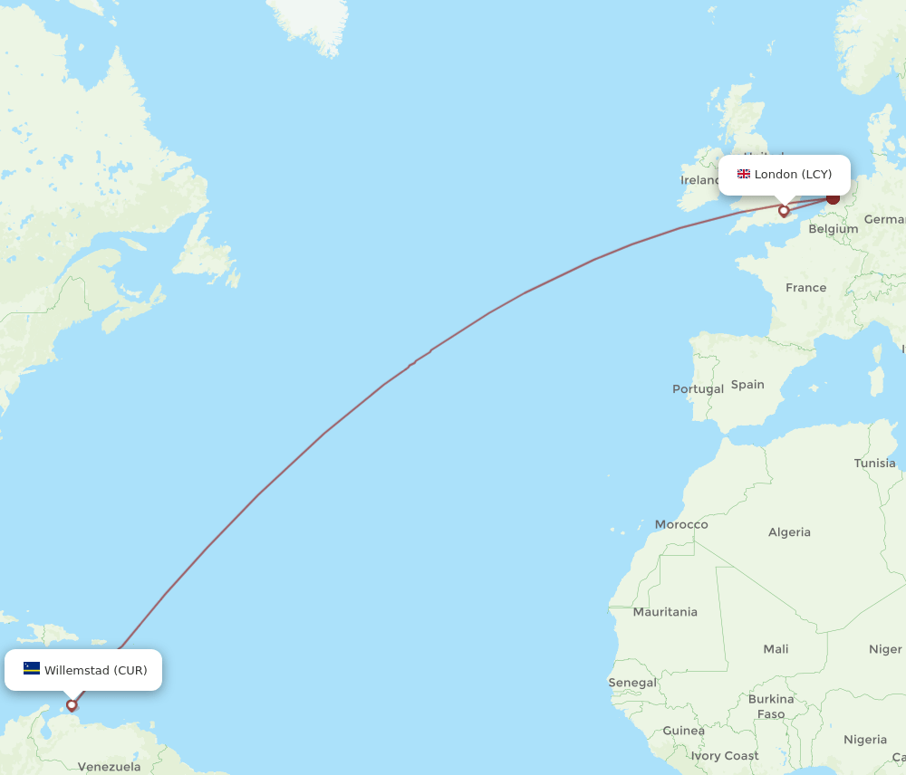 CUR-LCY flight routes
