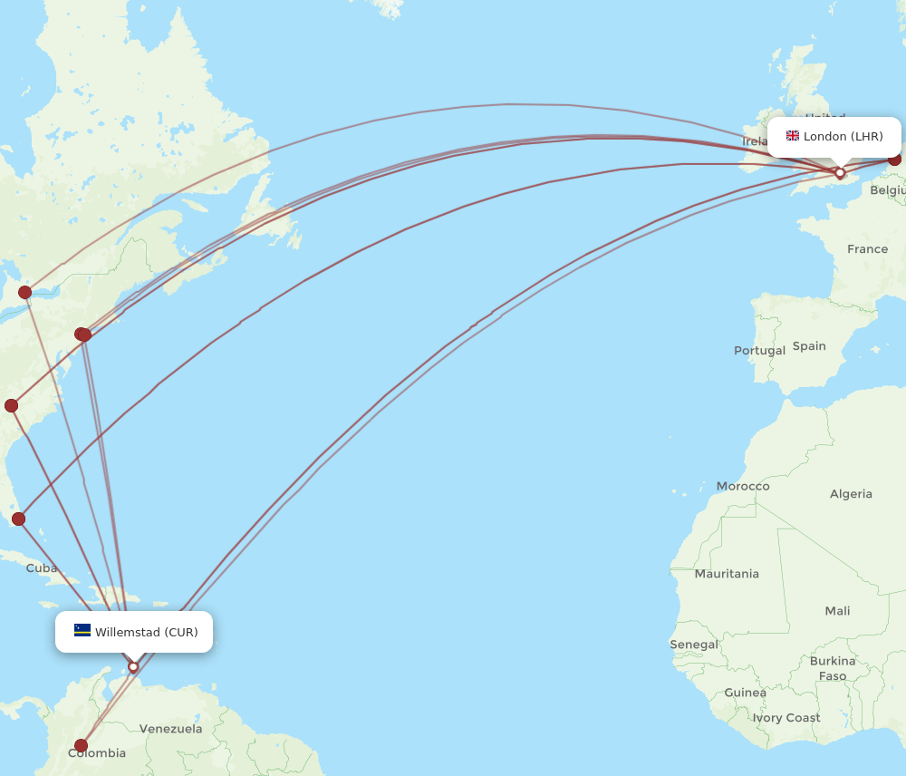 CUR-LHR flight routes