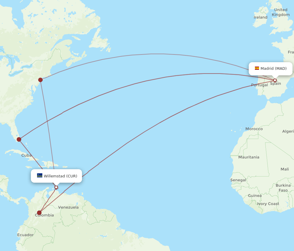 CUR-MAD flight routes