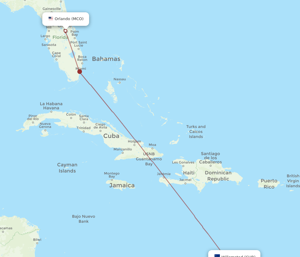 CUR to MCO flights and routes map