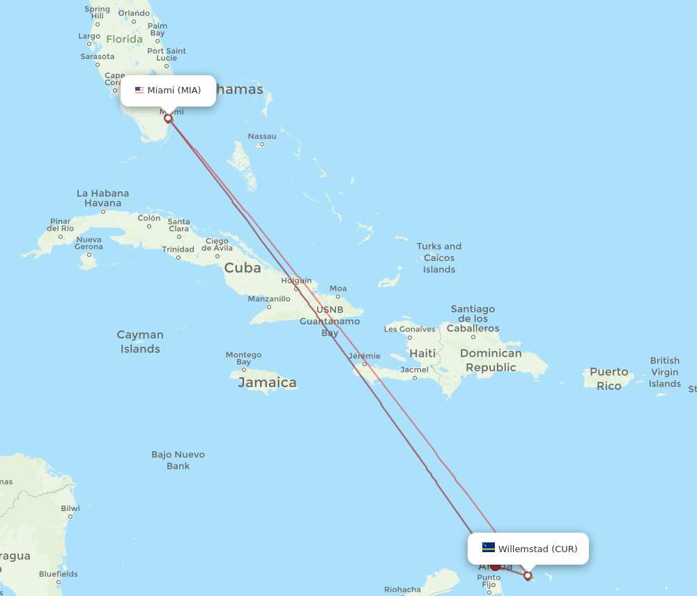 CUR to MIA flights and routes map