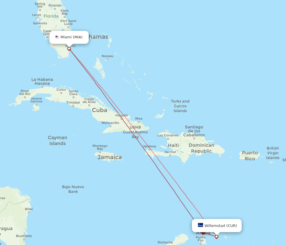 CUR to MIA flights and routes map