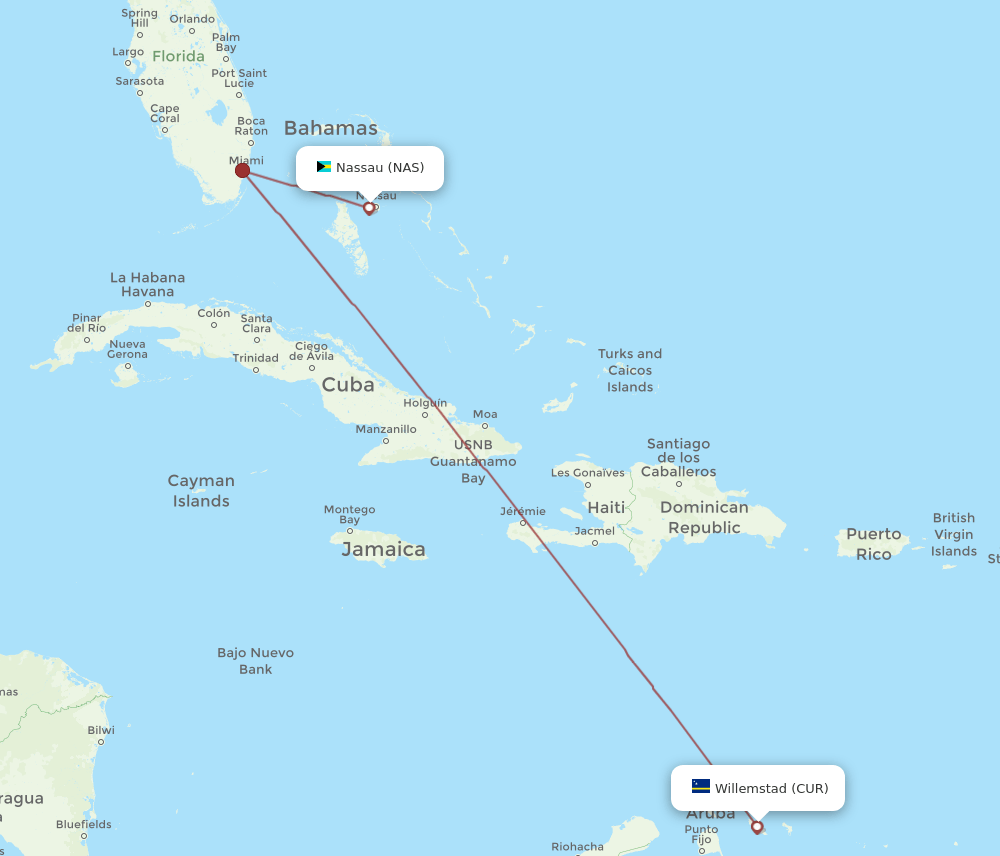 CUR-NAS flight routes