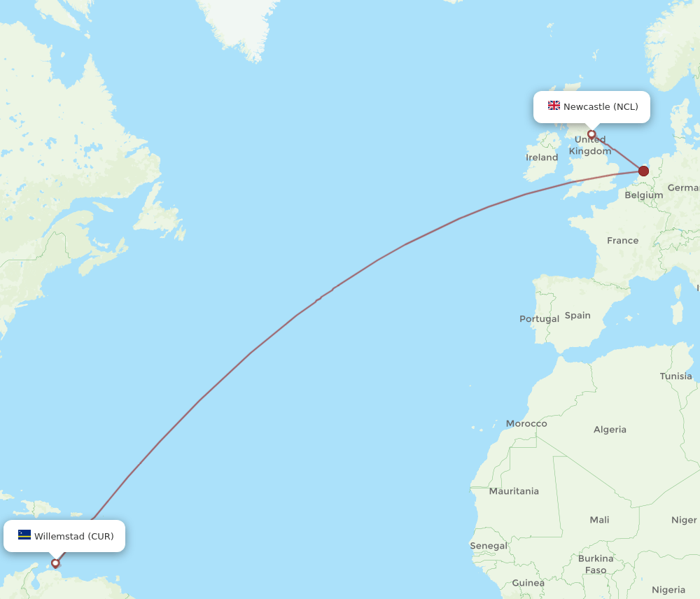 CUR-NCL flight routes