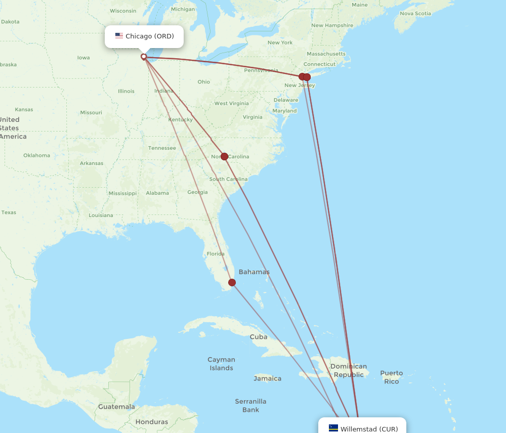 CUR to ORD flights and routes map