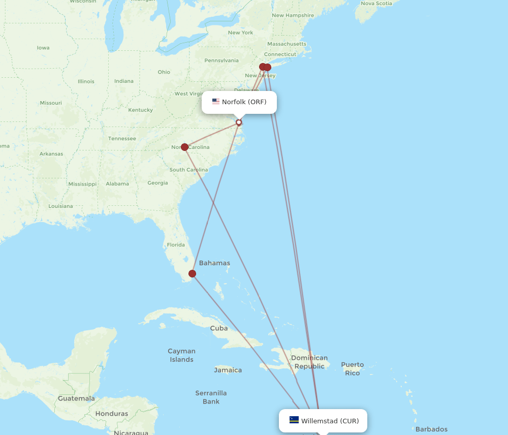 CUR to ORF flights and routes map
