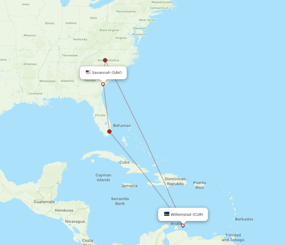 CUR-SAV flight routes
