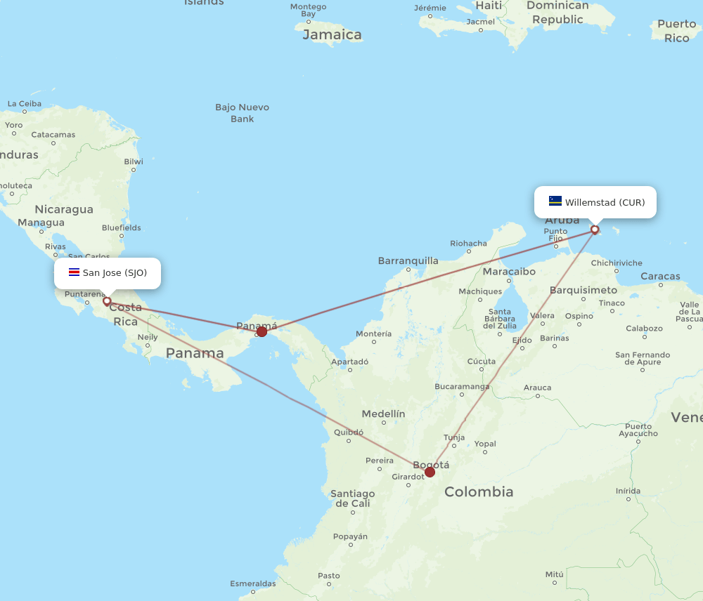 CUR-SJO flight routes