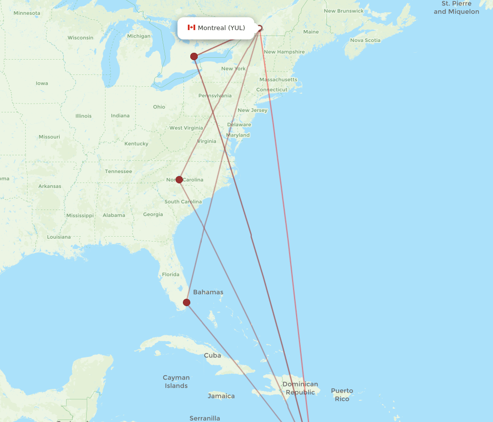 CUR-YUL flight routes