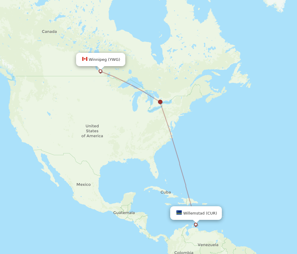 Winnipeg - Curacao route map and flight paths