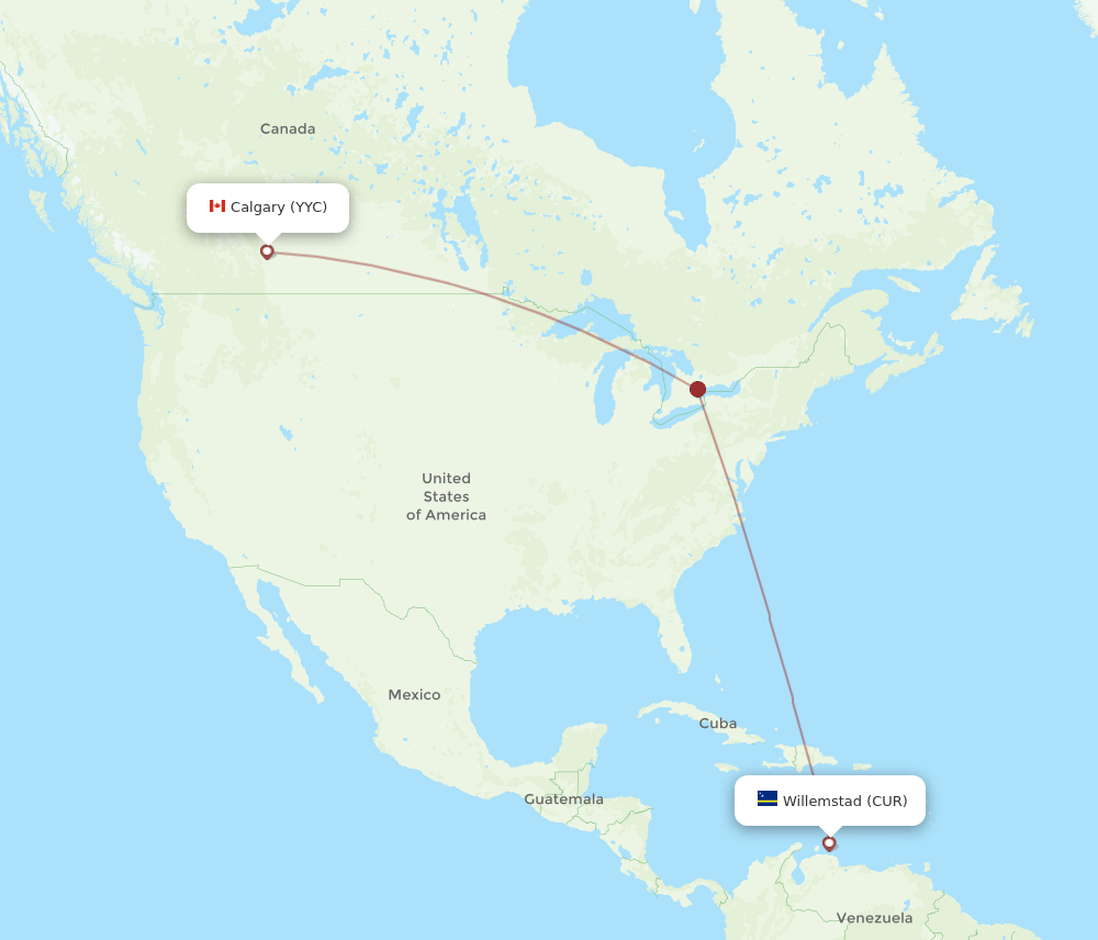Calgary - Curacao route map and flight paths