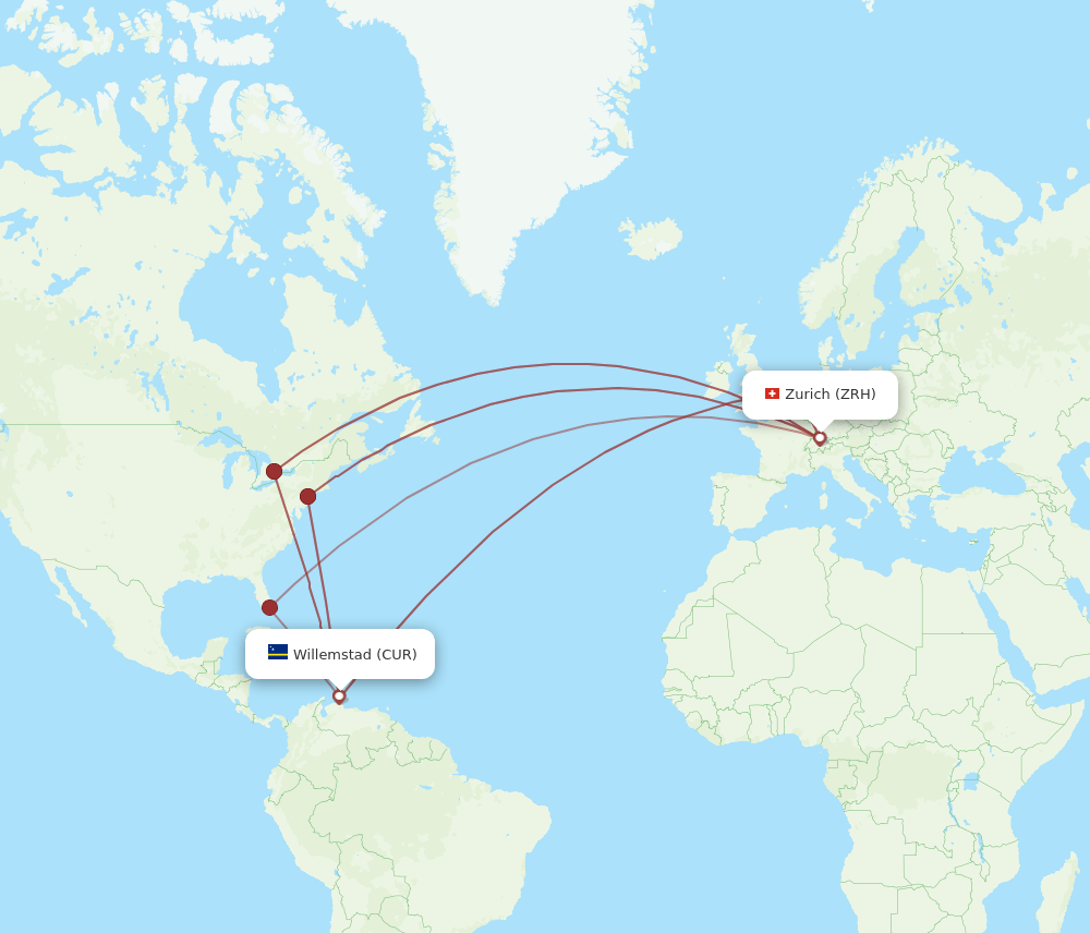 Zurich - Curacao route map and flight paths
