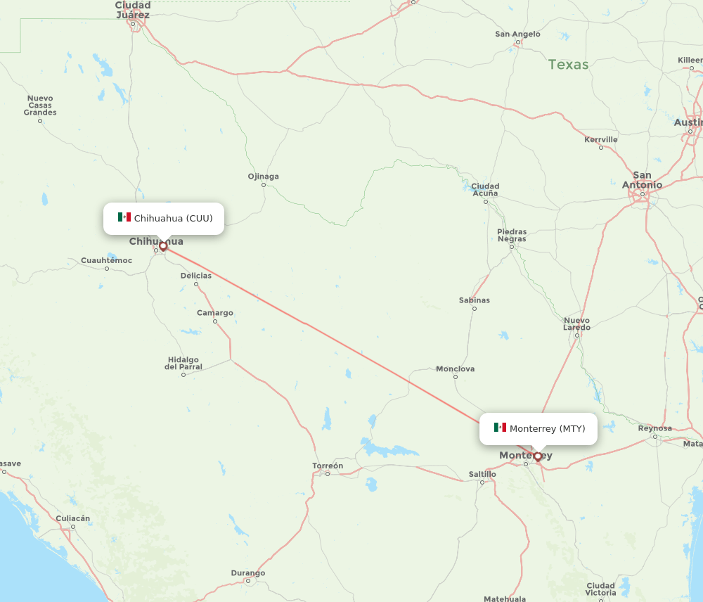 Chihuahua - Monterrey route map and flight paths