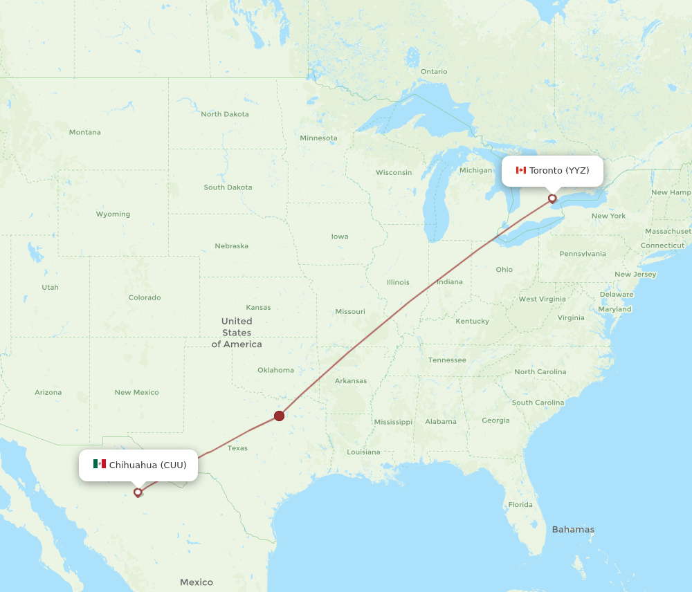 Toronto - Chihuahua route map and flight paths