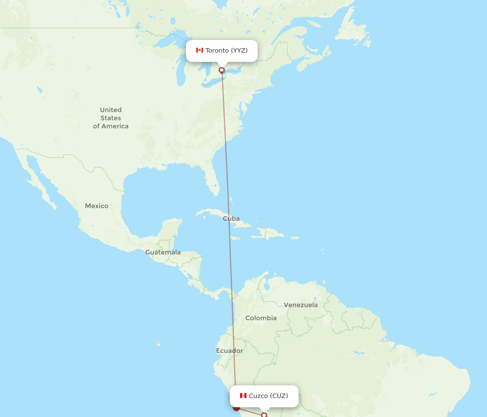 Toronto - Cuzco route map and flight paths