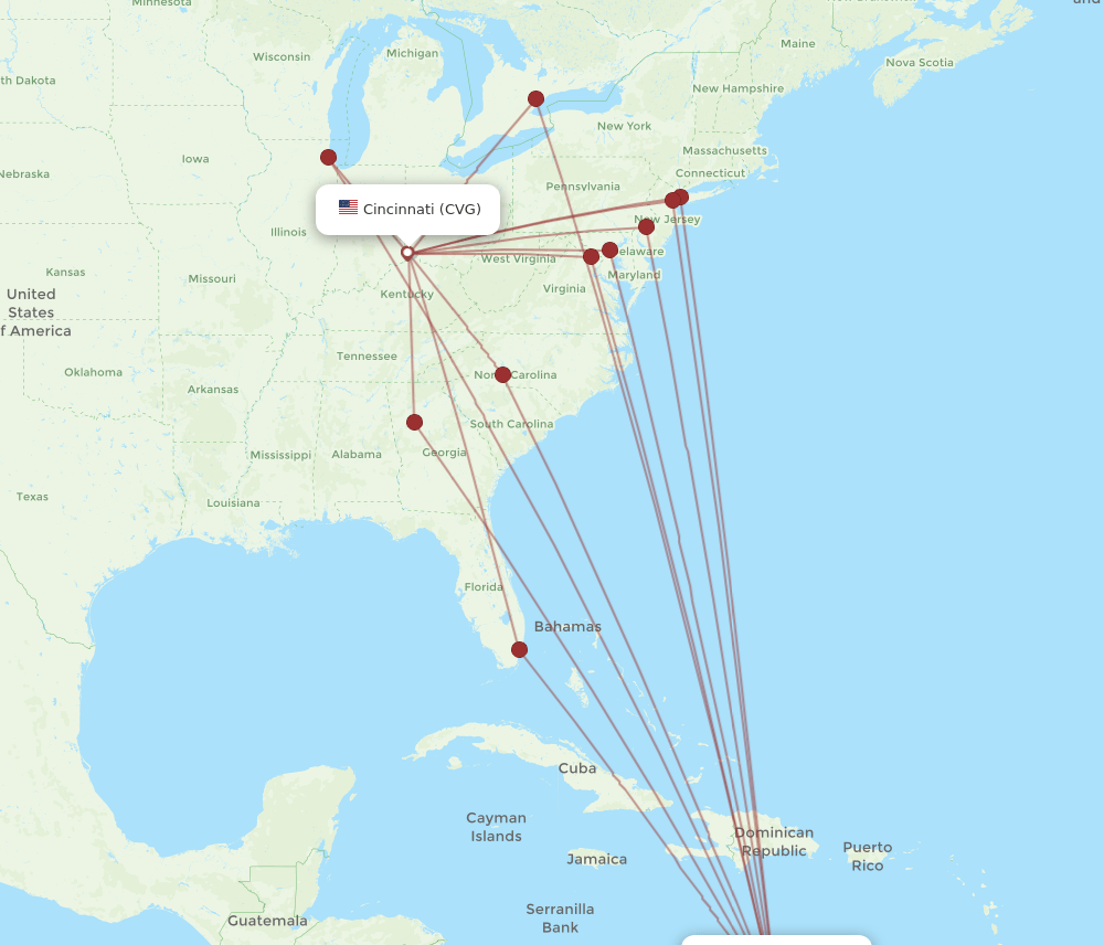 CVG to AUA flights and routes map