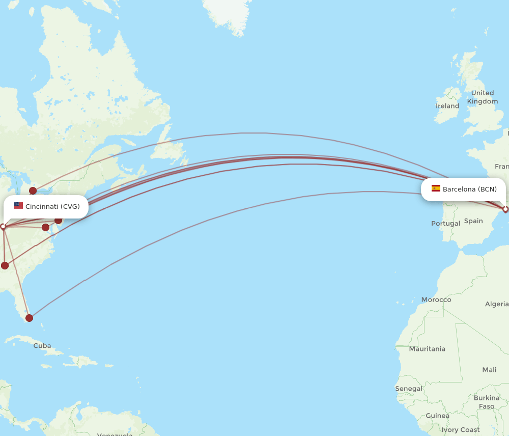 CVG to BCN flights and routes map
