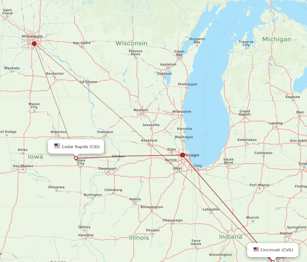 CVG to CID flights and routes map