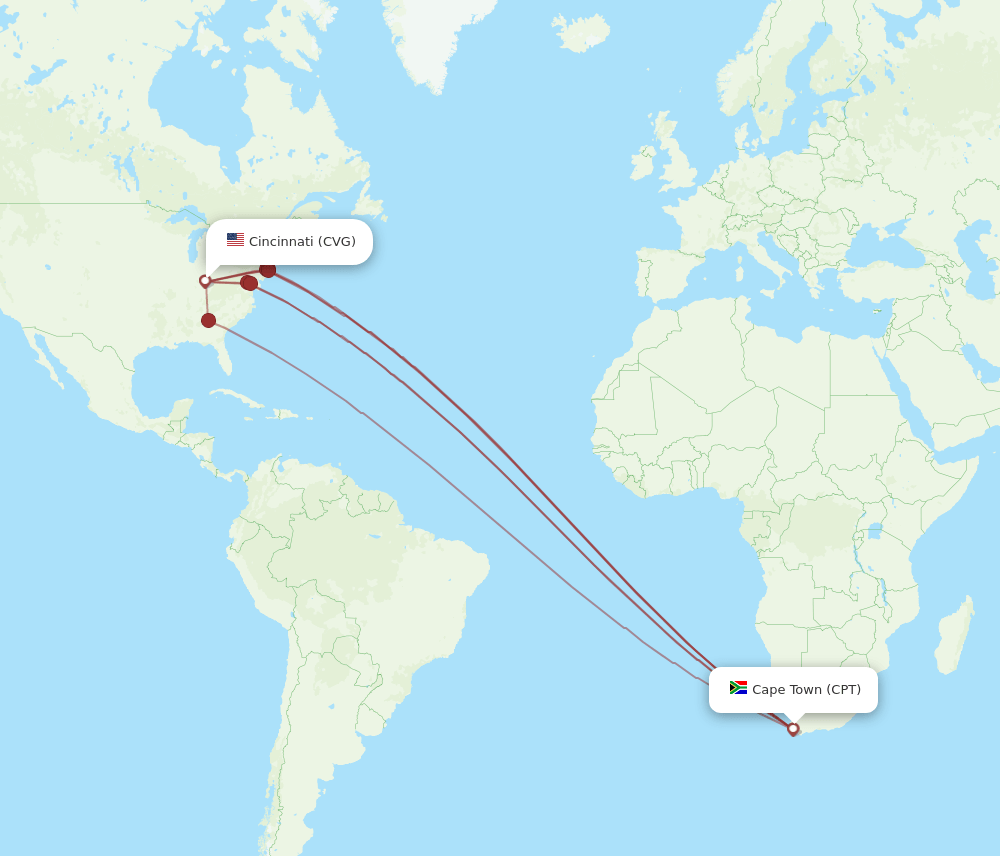 CVG to CPT flights and routes map