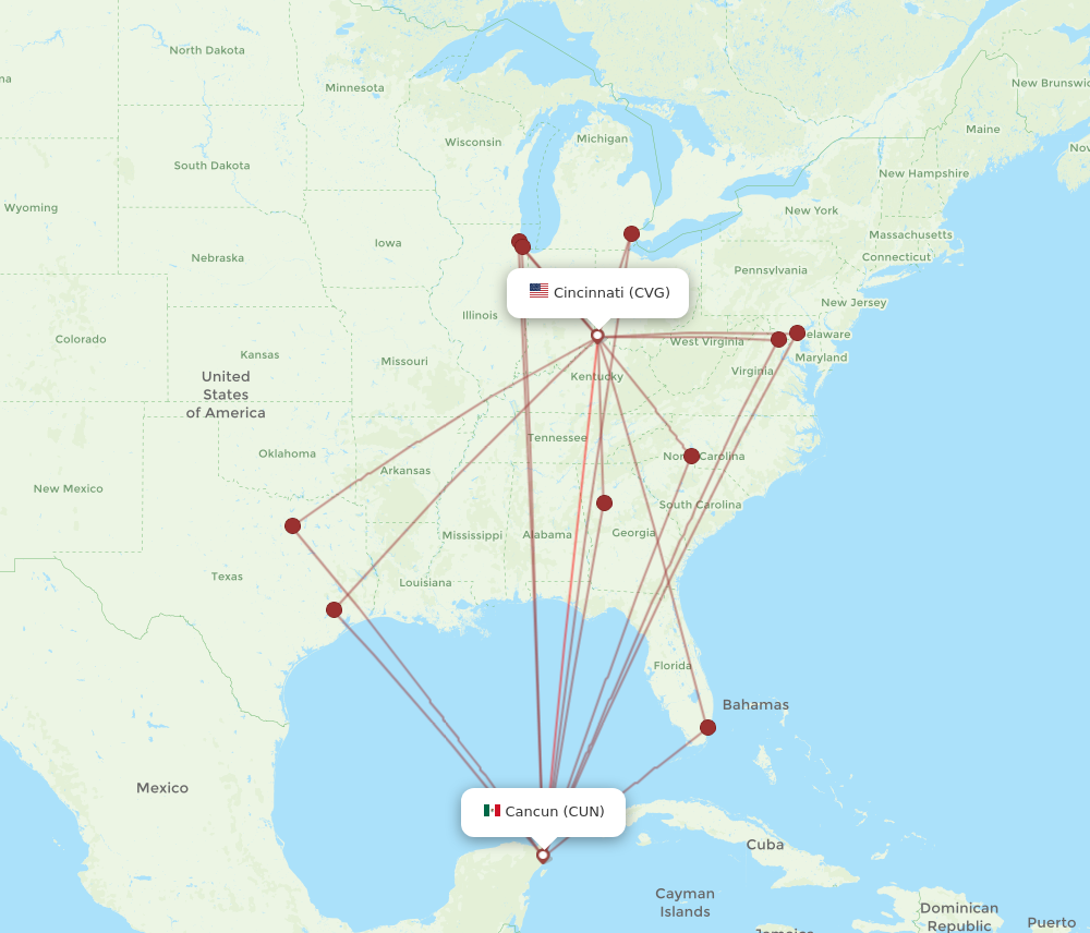 CVG to CUN flights and routes map