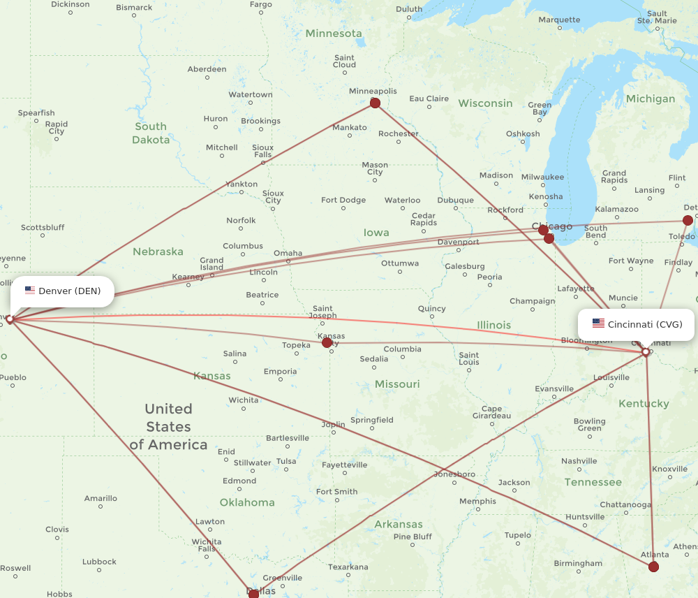 CVG to DEN flights and routes map