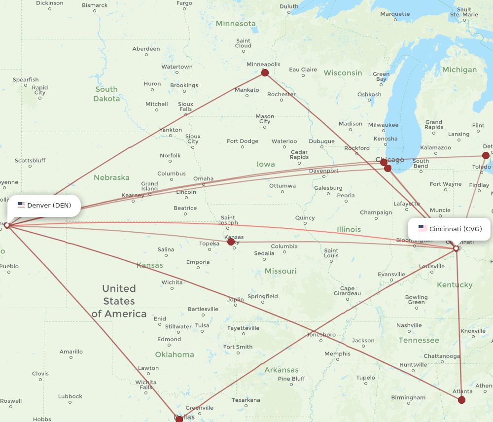 CVG to DEN flights and routes map