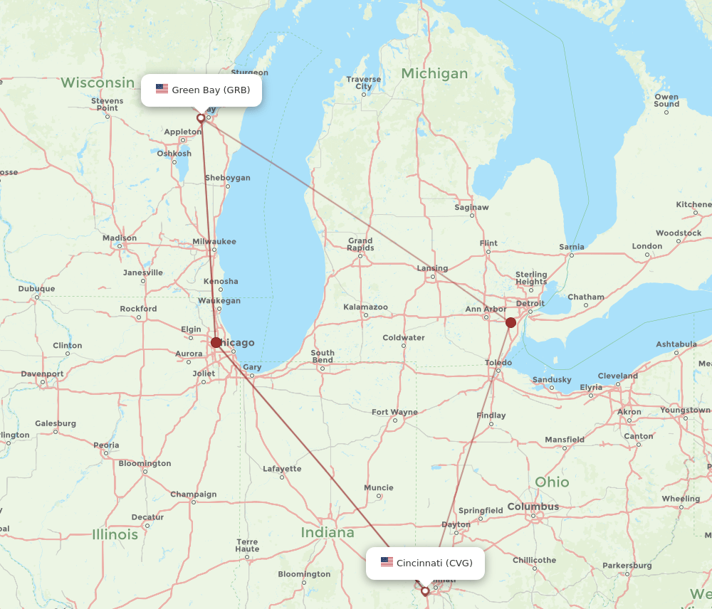 CVG to GRB flights and routes map