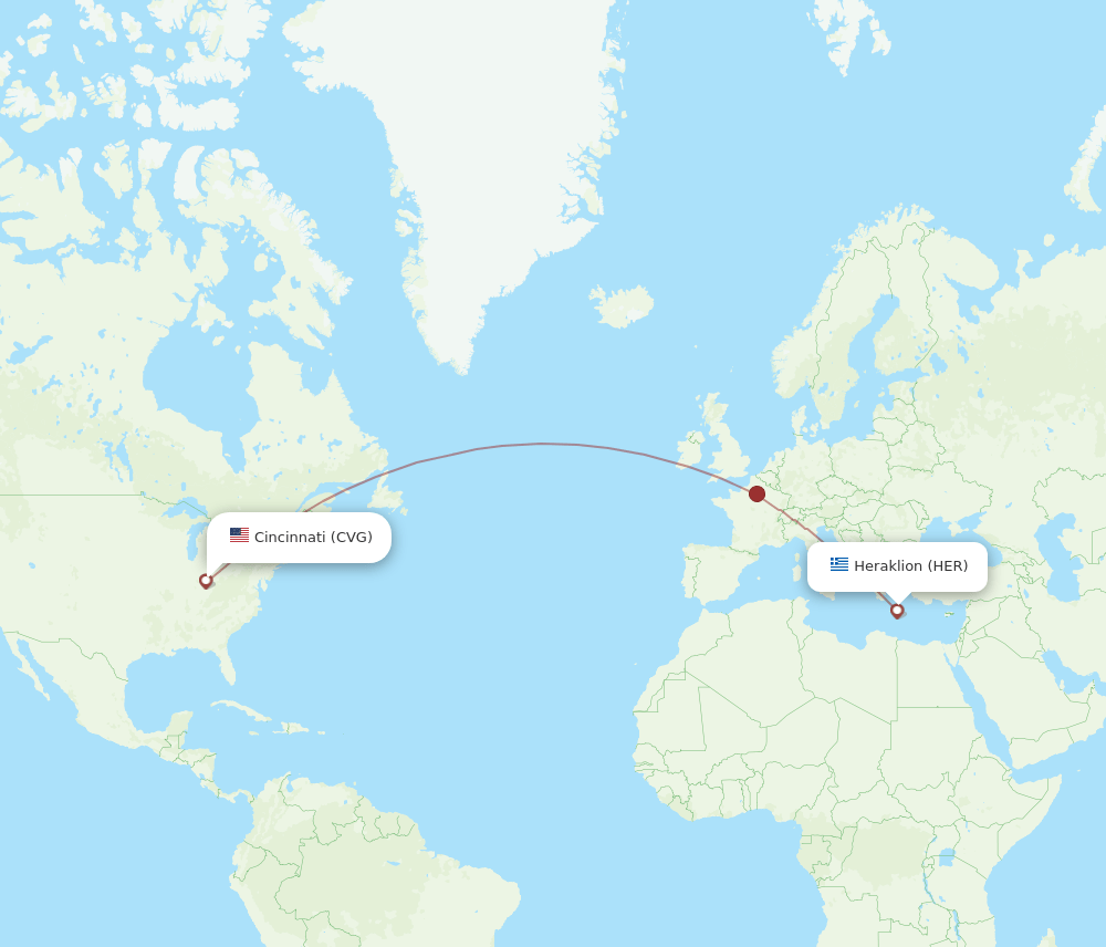 Heraklion - Cincinnati route map and flight paths