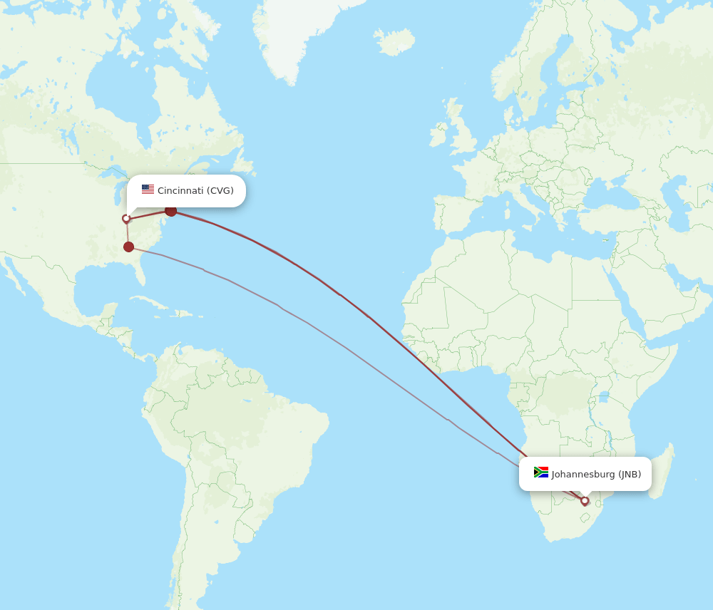 CVG to JNB flights and routes map