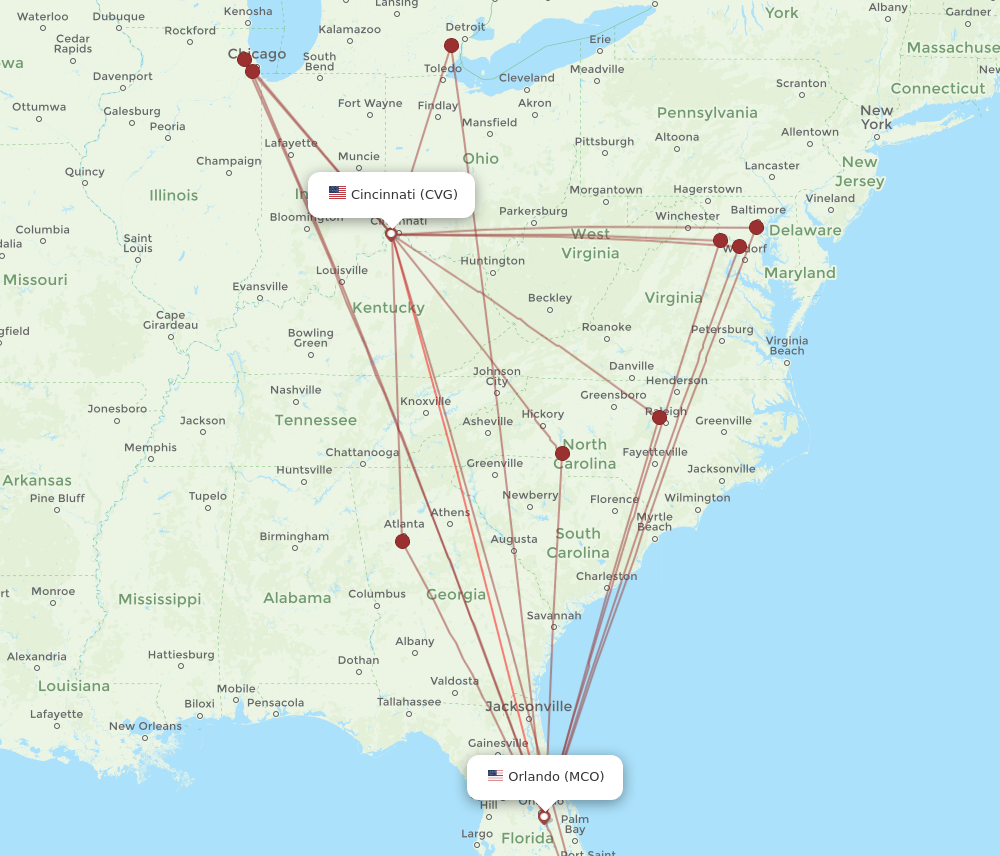 CVG to MCO flights and routes map