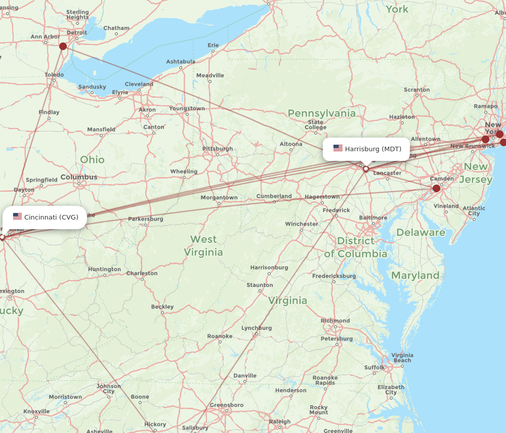 CVG to MDT flights and routes map