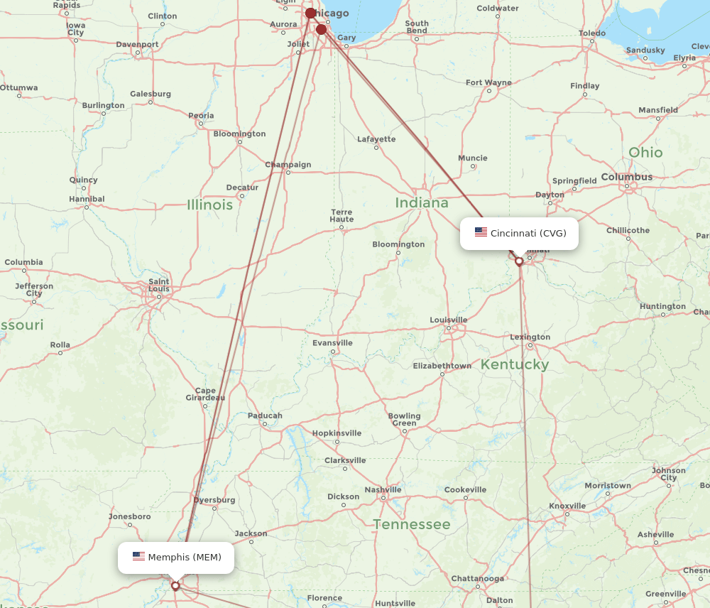 CVG to MEM flights and routes map
