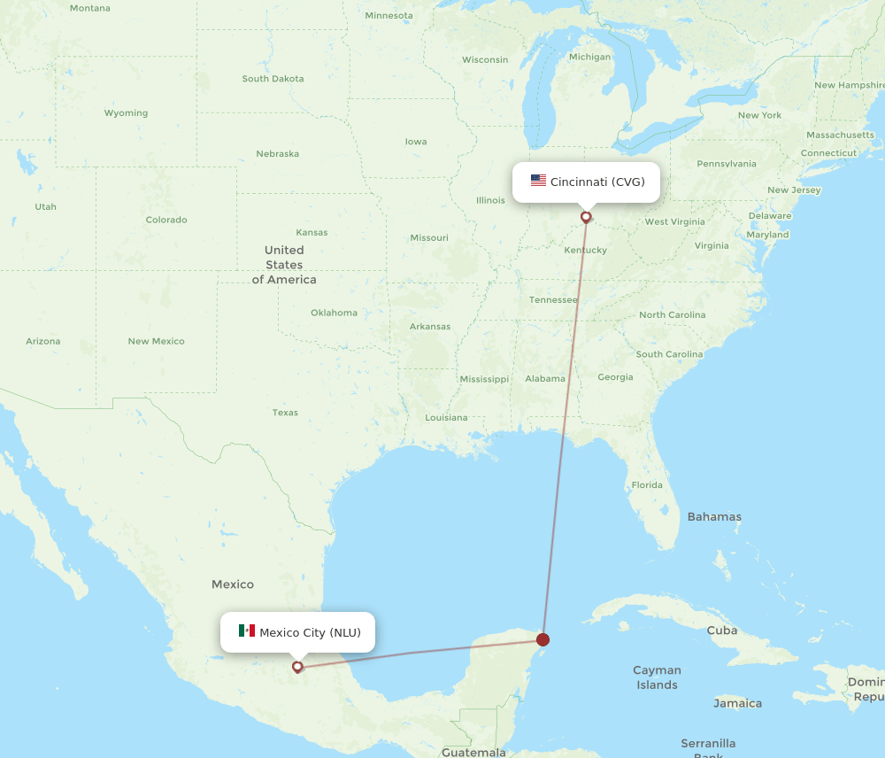 Mexico City - Cincinnati route map and flight paths