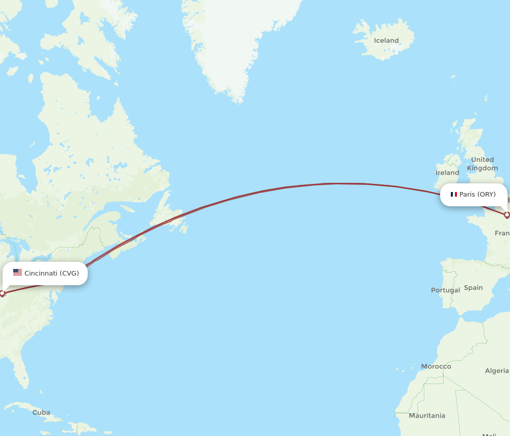 Cincinnati - Paris route map and flight paths