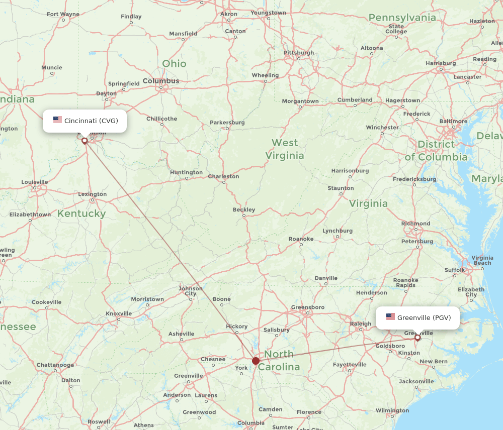 CVG to PGV flights and routes map