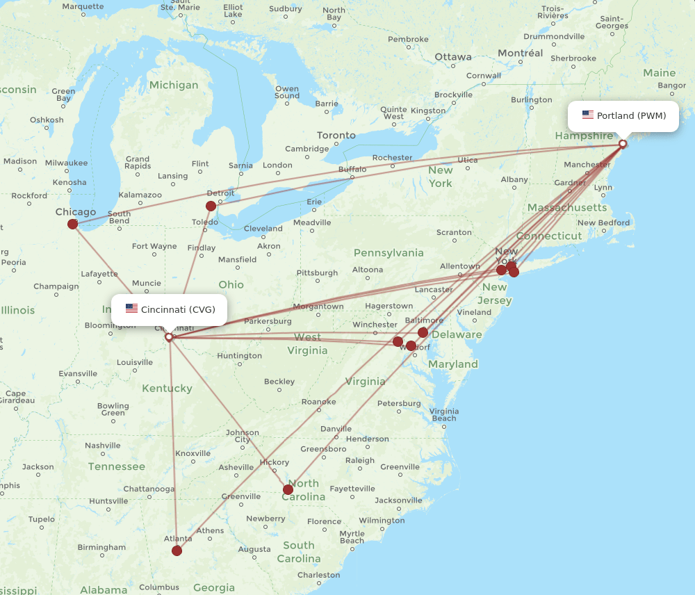 CVG to PWM flights and routes map