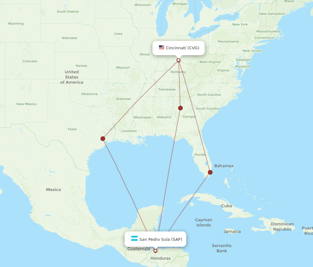 CVG to SAP flights and routes map